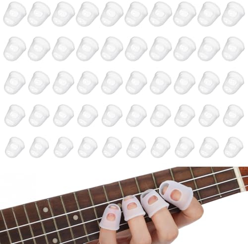 Piriuuo 50 Pcs Guitar Finger Covers, Silicone Finger Tip Protectors Anti-Slip & Breathable Silicone Guitar Fingers Guards for Guitars Playing, Ukulele Bass, and Sewing (5 Sizes, White)