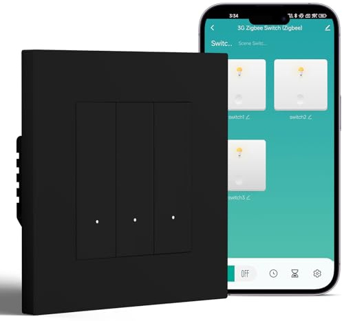 BSEED Zigbee Interrupteur Cadre en PC 3 Gang 1 Voie avec Bornes à Ressort,Smart Interrupteur Compatible avec Alexa et Google Home(Nécessite Gateway Hub et Fil Neutre),Noir