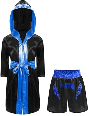 Freebily Traje De Boxeo De Halloween Para Niños Bata Larga De Satén Con Capucha Y Pantalones Cortos Ropa De Muay Thai Negro y azul 13-14 años