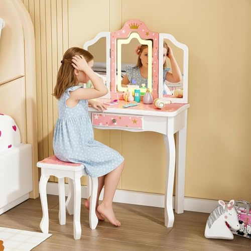 Bonnlo Ensemble Coiffeuse Enfant Fille avec Miroir à Trois Volets, Bureau 2 en 1 Idéal pour Chambre d'enfant, Dimensions 60 x 30 x 98 cm (Blanche + Rose Clair)