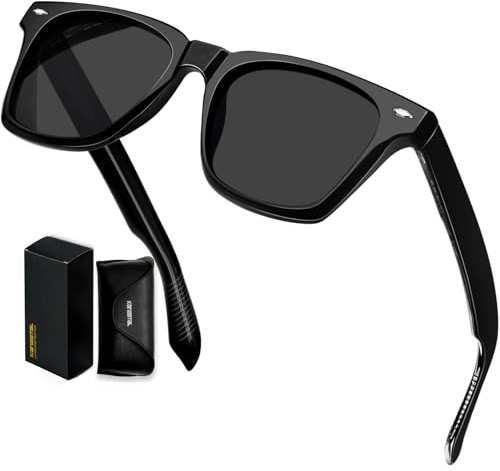 KANASTAL Gafas de Sol Negras Hombre y Mujer Polarizadas Cuadradas Acetato Retro Vintage Clasicas Protección UV400 Elegantes para Conducir - Negro Brillante