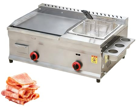 Friggitrice Inox Professionale Piastra a Gas Con Friggitrice, Stazione E Piastra, Grande Capacità Di Olio per Ristoranti E Cucine Commerciali(Home-Use)