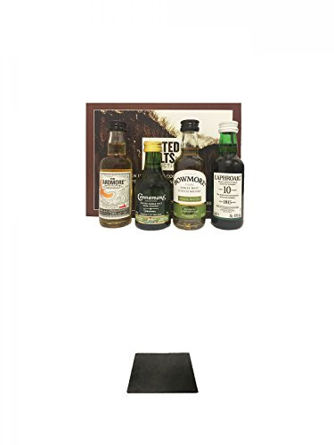 Peated Malts of Distinction 4 x 5 cl Miniaturen + Käseplatten - 1 er - Set 22 x 16 aus Schiefer für Dinnerpartys und Veranstaltungen