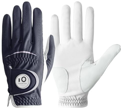 FINGER TEN Golf Gloves Men Left Hand Leather with Ball Marker All Weather Value Pack, Mens Golf Glove Wear Resistant Stable-Grip Weathersof (Dark Blue, M-Worn on Left Hand)