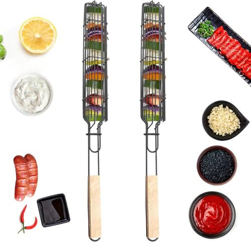 2 Pcs Cestino per Barbecue Collezione in Legno, Cestini per Grigliare, Cestino per Barbecue in Acciaio Inox per Verdure, Accessori Barbecue, Cestello Verdure Barbecue, per Verdure Sfuse, Frutta, Carne