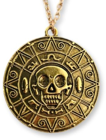 Collier Pendentif Pirate avec Tête de Mort - Caraibéen - Couleur Or - Diamètre 3,5 cm Chaîne 55 cm en métal