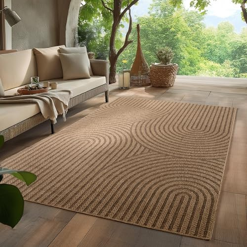 HomebyHome Outdoor Teppich 160x230 cm Wetterfest Pflegeleicht Jute Natur Optik Skandinavisches Boho Design für Wohnzimmer Esszimmer Schlafzimmer Terrasse Balkon Garten