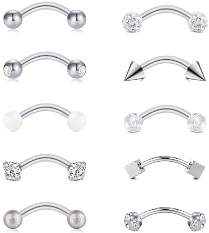 WillTen 10 piercing Rook per sopracciglia, 16 g, 8 mm, in acciaio chirurgico, per sopracciglia, verticale, labbra, banana, industriale, ombelico per donna, argento, oro, rosa, nero, Acciaio