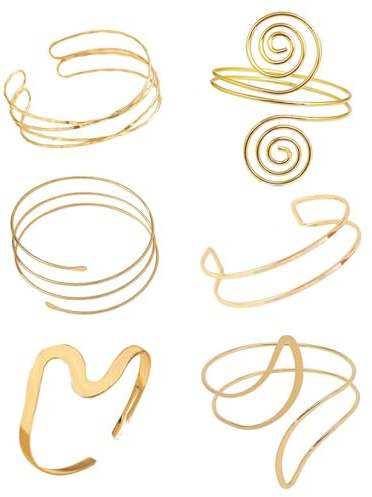 TELAIN 6 Stück Gold Armreif Oberarmreif für Damen, Einstellbare Armreifen aus Hochwertigem Metall, Boho Stil Goldene Armreifen, Perfekt für Partys und Alltag（Stil 1）