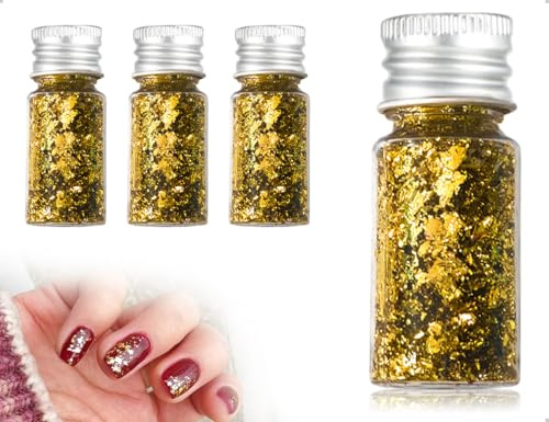 Lhbwhiz 3 Flaschen Blattgoldblätter,Ungenießbar Blattgold Flocken,Dekorfolie Papier,verwendet für Zuhause,Malerei,Nailart,Kunsthandwerk,Skulpturen,DIY-Handyhüllen
