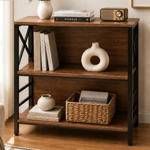 MNEETRUNG Book Shelf, Small 3-Tier Industrial Bookshelf with Strong Metal Frame & Backboard, 29.5 Short Bookcase for Small Spaces, Living Room, Bedroom and Home Office, Brown