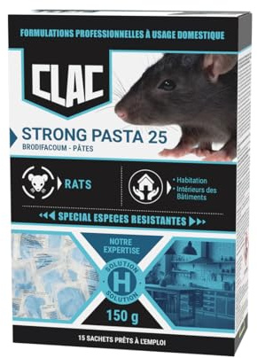 Clac Strong Pasta25 Anti-Rats - Pâtes Raticide Colonies Résistantes - Appât Efficace dès la Première Ingestion - Lieux secs et Humides : Cuisine, Garage, Cave, Grenier - 15 sachets - 150g