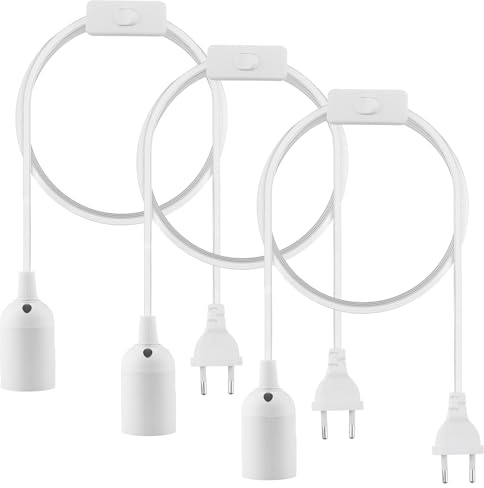 Portalampada E27 con Interruttore a Filo Cavo 3 Pezzi Portalampada con Presa Elettrica Lampadario Sospensione Compatibile con Lampadine E27 Bianco 3m (Lampadina non Inclusa)