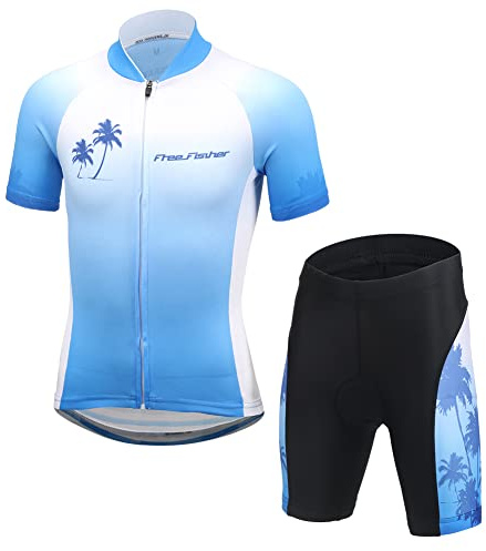Amur Leopard Kinder Jungen Radtrikot Set Mädchen Fahrrad Trikot Kurzarm & Radhose mit Sitzpolster Radsport Anzüge, Blau B, 134-140(Herstellergröße: XL)