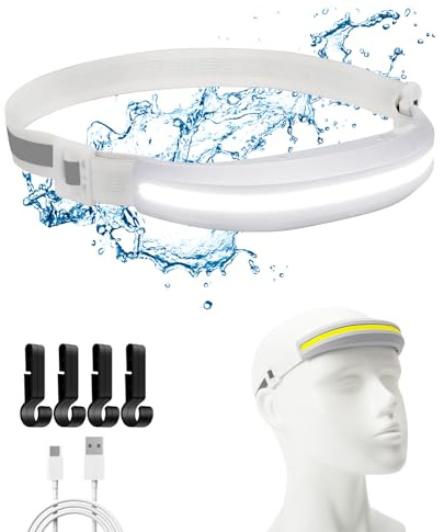 Nalezuns Torcia frontale a LED ricaricabile, torcia frontale 230°, ultra grandangolare, IPX4, impermeabile, 4 modalità di luce, faro a LED per corsa, campeggio, escursionismo (bianco)