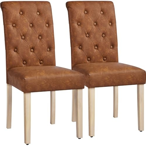 Yaheetech Faux Leather Dining Chairs Set of 2 with High Back, Retro Brown | Kitchen Chairs with Wooden Legs & Thick Seat Cushion, Upholstered Dining Room Chair for Home Restaurant Living Room