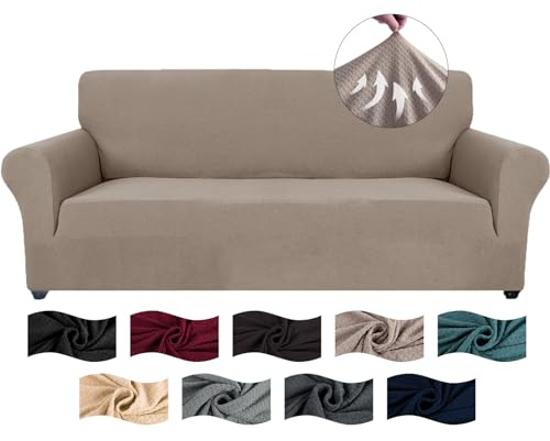 CYCMACO Elastiskt Sofföverdrag 3-Sits Med Armstöd, Stretchigt Avtagbar Halkskydd Fåtöljöverdrag, Jacquard Soffskydd Reptåligt Halkfritt, Soffskydd För Hundar Katter Och Husdjur, Khaki