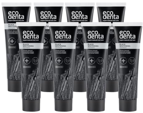 ECODENTA Koltandkräm, tandblekning pasta I gör tänderna naturliga vita och tar bort plack I svart naturlig pasta utan fluorid, 8 x 100 ml mynta