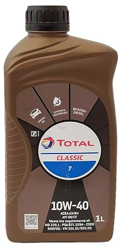 TOTAL 218996 CLASSIC 7 OLIO MOTORE A BASE SINTETICA 10W40 PER MOTORI DIESEL E BENZINA SENZA DPF. ADATTO ANCHE PER MOTORI GPL/METANO. CONFEZIONE 1 LITRO