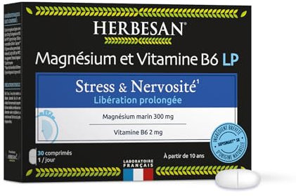 HERBESAN ® - MAGNÉSIUM LIBÉRATION PROLONGÉE - Stress, surmenage, fatigue passagère - Fabrication française - 30 comprimés