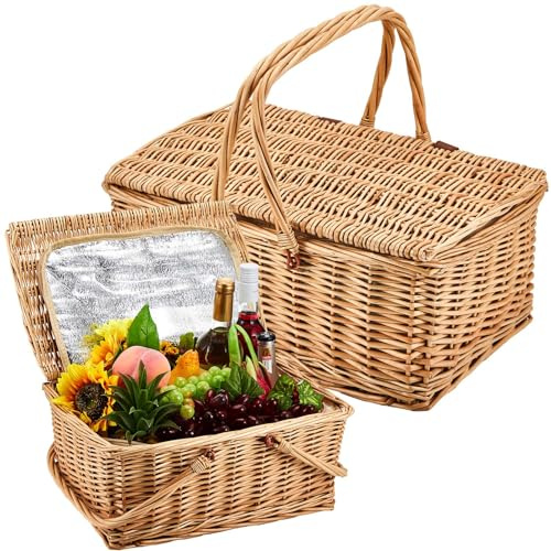 Sintuff 2 Pcs Wicker Picnic Basket with Insulated Cooler Bag Lids Vintage Picnic Hamper with Folding Woven Handle for Camping Summer Outdoor Beach Valentine Party Gift