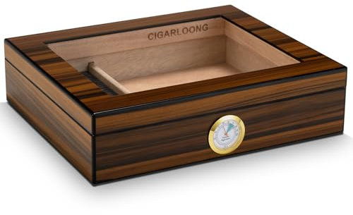 CIGARLOONG Zigarren Humidor Zedernholz, Glasplatte, Humidor mit Luftbefeuchter&Hygrometer, Geschenke für Männer (S für 25 Zigarren)