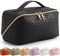 TOPALL Kosmetiktasche Reise Damen,Beauty Case PU Leder,Groß Make Up Tasche,Portable Schminktasche Kulturtasche Organizer mit Kapazität für Reisezubehör Travel Essentials Women(Gridded Black)