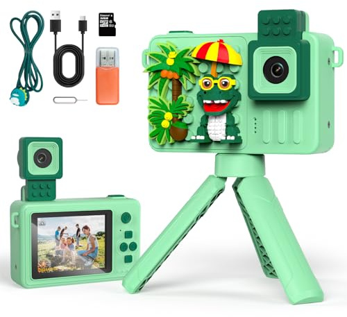 Kizeefun Kids Camera, Cartoon Dinosaurs New Building Block Kids Cameras Christmas Birthday Present for Boys Girls Age 3 4 5 6 7 8 9 10 11 12 Years Old, 32GB SD Card Included