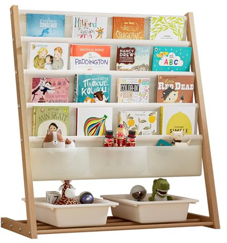 Wooruy Kinderregal,Bücherregal Kinderzimmer mit 4 Hängeregale und 3 Spielzeugboxen,Regal für Spielzeug und Bücher,Aufbewahrung Kinderzimmer,Kinder Bücherregal mit Stauraum für Schule und Zuhause,Beige