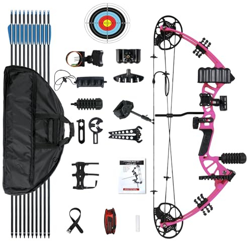Compound Bow for Youth, Teenagers and Beginners 15-45LBS Draw Weight, Limbs Made in US, Ready to Shoot, Bow and Arrow Set with All The Archery Accessories (Pink)