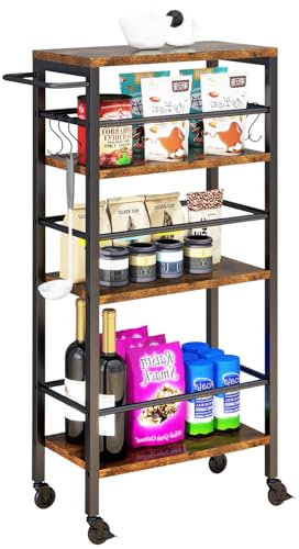 IBUYKE Slim Rolling Cart,4-Tier Metal Kitchen Storage Trolley,Trolley cart on Wheels for Narrow Space,with Handle and Wooden Tabletop,for Kitchen, Dining Room,Laundry Room,Rustic Brown TMJ065H