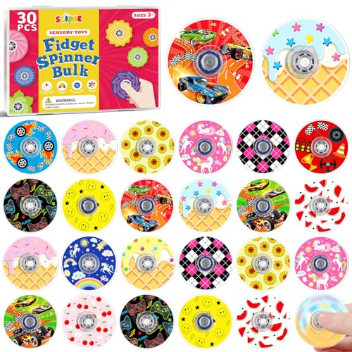 SCIONE 30 Pack Mini Fidget Spinner Födelsedagsdetaljer, 15 Teman Racing Bilar Spelkonsol Frukt, Fylld Pinata, Presenter Barn Skola, 3,8 cm