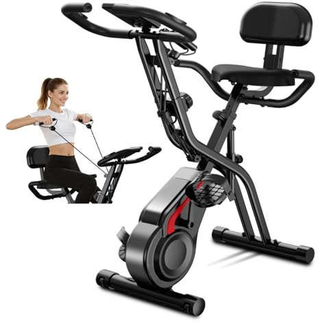 Kdtoll Vélo d’Appartement Pliable 5-en-1, Vélo d’Exercice avec 8 Niveaux de Résistance Magnétique, Bandes Élastiques, Dossier et Accoudoirs, Silencieux et Confortable, Capacité 136 kg