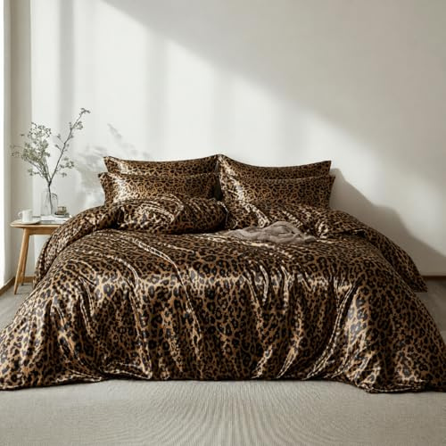 Lanqinglv Housse de Couette Satin 200x200 avec 2 Taies d'oreiller 65x65cm Imprimé Léopard Parure de Lit Adulte Ado 2 Personnes Linge de Lit Satin de Soie Soyeux Brillante avec Fermeture Éclair