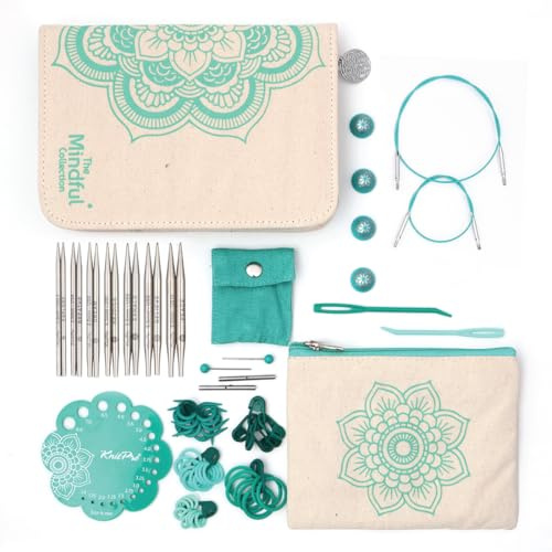 KnitPro The Mindful Collection - Set di aghi intercambiabili in acciaio inox, colore foglia di tè e ecru, 10 cm