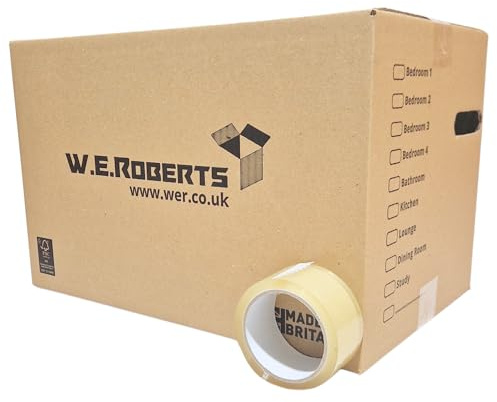 W.E. Roberts 40 Large Strong Cardboard House Moving Boxes with Carry Handles and Room List, Removal Packing boxes Boxes for moving house 45.7cm x 28.8cm x 28.8cm with 66 Metre Low Noise Clear Tape