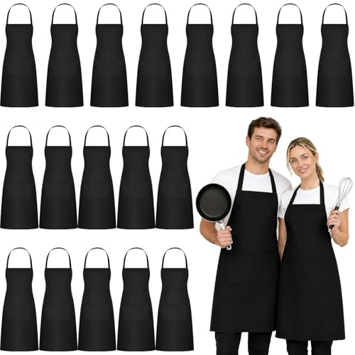 YFNVH 18 Pack Black Bib Aprons, Kitchen Chef Apron Bulk with 2 Pockets, Cooking Aprons for Men Women Waiter, Adult Unisex Machine Washable Plain Apron for Painting Crafting BBQ Restaurant, 63 x 78cm