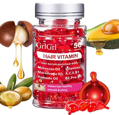 GrlGrl Hair Vitamin Serum Capsules, Enriched with Moroccan Oil and Vitamins A C E B1 B2 Pro B5, 50 Count