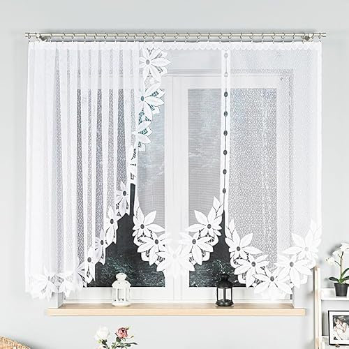 Gardinen Vorhangen Demetria Tenda Corta Curva Bianco 300x160 cm con Lambrequin Jacquard Pronta all'Uso per Cucina Soggiorno Finestre a Disco