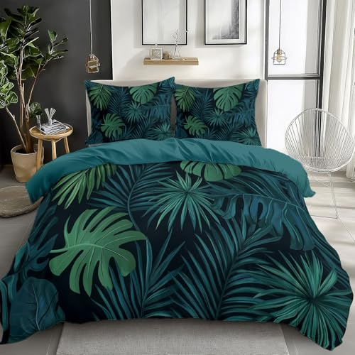 XCQHZYQ Emperor Duvet Cover Set 290x235 cm Green Palm Leaves Bedding Sets Reversible Printed Quilt Cover, Comfy Soft Easy Care Non Iron Breathable Polycotton Bed Set