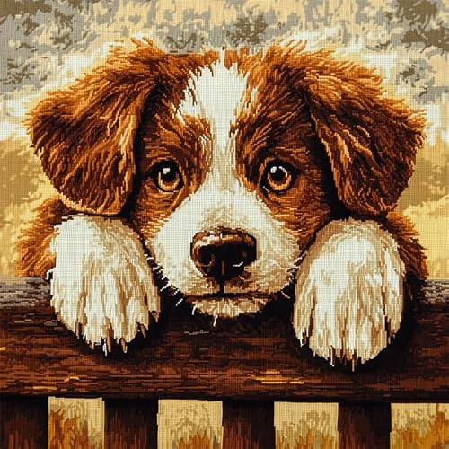 AxiangziK Tier Hund DIY knüpfen set erwachsene knüpfkissen,Welpe liegt auf dem Zaun,Knüpfhaken-Kissen-Set,bedruckte Leinwand für Anfänger,Stickerei,Bastelkissen,17x17in