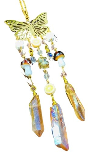 Butterfly Crystal Hanging Ornament with Mushroom Beads & Aura Quartz – 23cm Rainbow Sun Catcher for Window, Wall, or Car Decor(G)