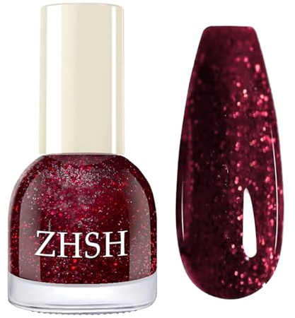 Red Glitter Nail Polish - Wine Red Nail Varnish - High Glossy Sparkly Dark Red Nail Polish - Breathable Long Lasting & Quick Dry nail Varnish No Uv Light Needed