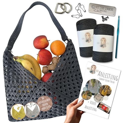 HÄKEL LIESE Häkelset für Anfänger - Tasche Granny Square, Häkel Set, Crochet, Häckel Kit für Anfänger, häkeln lernen, Wolle zum Häckeln, Taschen hakeln, Granny Squares, (GRAU)