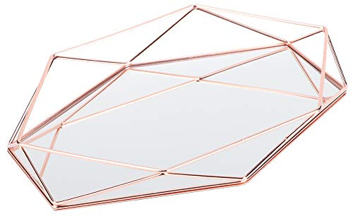 Acouto Goldenes Spiegeltablett, Dekorativer Aufbewahrungsorganisator aus Metall mit Rutschfester Basis, Klares Acryl-Schmuck-Make-up-Tablett für den Heim- und Partygebrauch (Roségold)