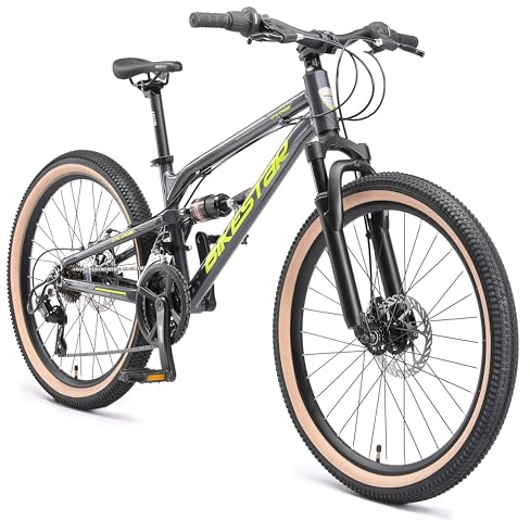 BIKESTAR Kinder Fahrrad Aluminium Fully Mountainbike 21 Gang Shimano, Scheibenbremse ab 9-14 Jahre | 24 Zoll Kinderrad Vollgefedert MTB | Schwarz