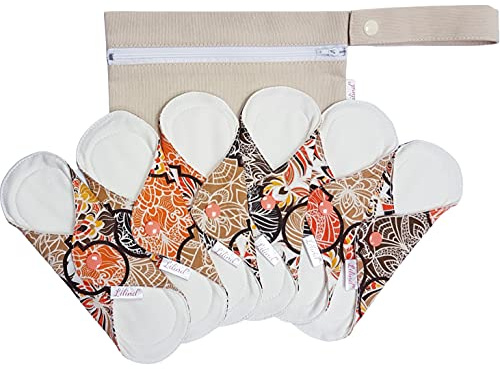 Lilind® 6-pack organiskt tyg 24 cm regelbundna återanvändbara menstruationskuddar komplett set noll avfall 100 % bomull korall orientent