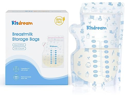 Bolsas de Almacenamiento de Leche Materna, 240ml, 100 uds, Pre- Esterilizadas, con Área de Etiquetado, Conservar y Congelar, sin BPA, Doble Cremallera, Adapta a Todos los Adaptadores (azul)