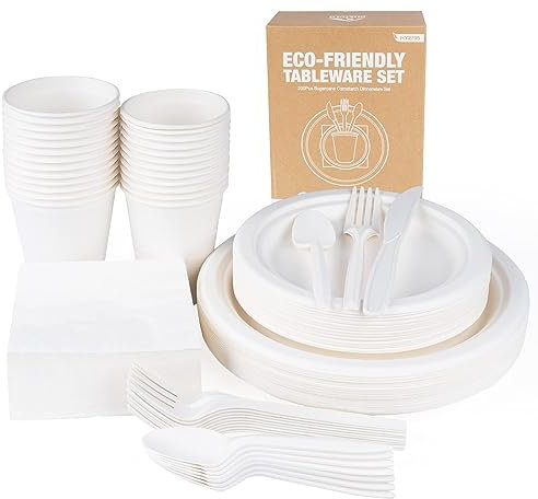 Lot de 200 assiettes et couverts compostables écologiquement jetables en carton et couverts,Ensemble de fête et de pique-nique,Avec assiette, cuillère, fourchette, couteau, gobelet, lingettes, nappes