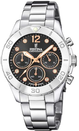Festina Orologio Donna Analogico Acciaio Inossidabile 316L Argento - Quarzo Cronografo - Vetro minerale alta resistenza - Impermeabile 10 ATM F20603/6 - Boyfriend Collection